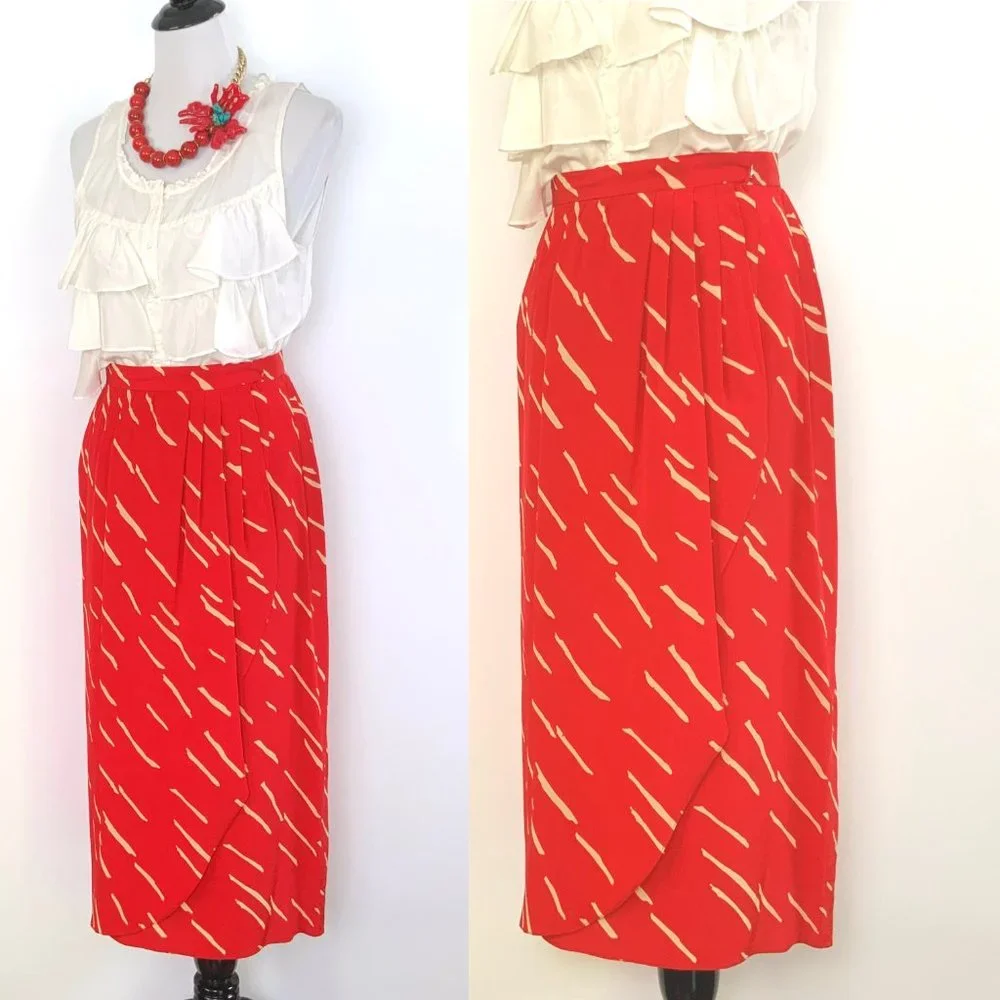 Vintage Christian Dior Red  Silk Wrap Front Midi Skirt Luxury Size 10 - Picture 5 of 16